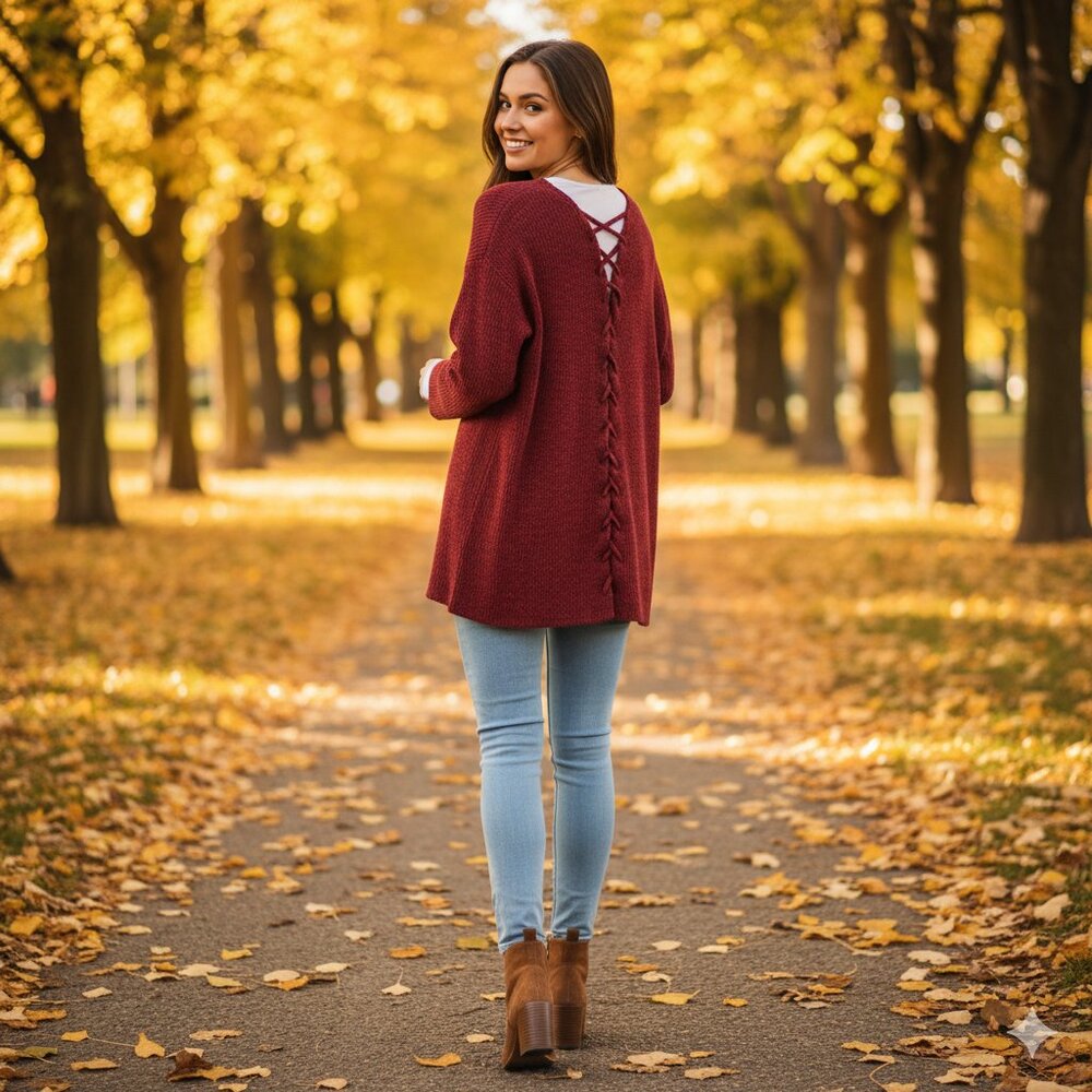 Heart & Hips Burgundy Lace-Up Back Cardigan Open Front Knit Sweater Size S